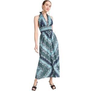 Shoshanna Blue Floral Button Front V-Neck‎ Smocked Halter Midi Dress Size Medium